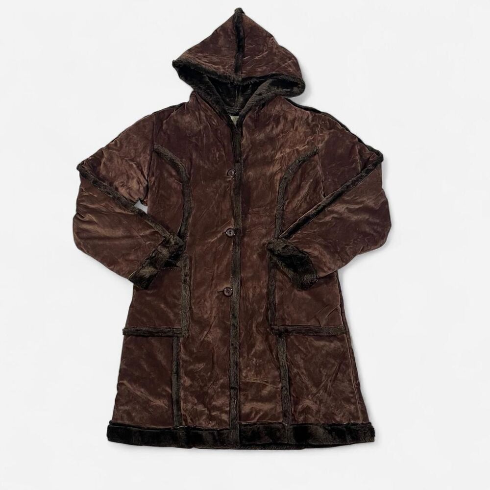 Euro Y2K Brown faux fur lined hooded coat by Xuefangni